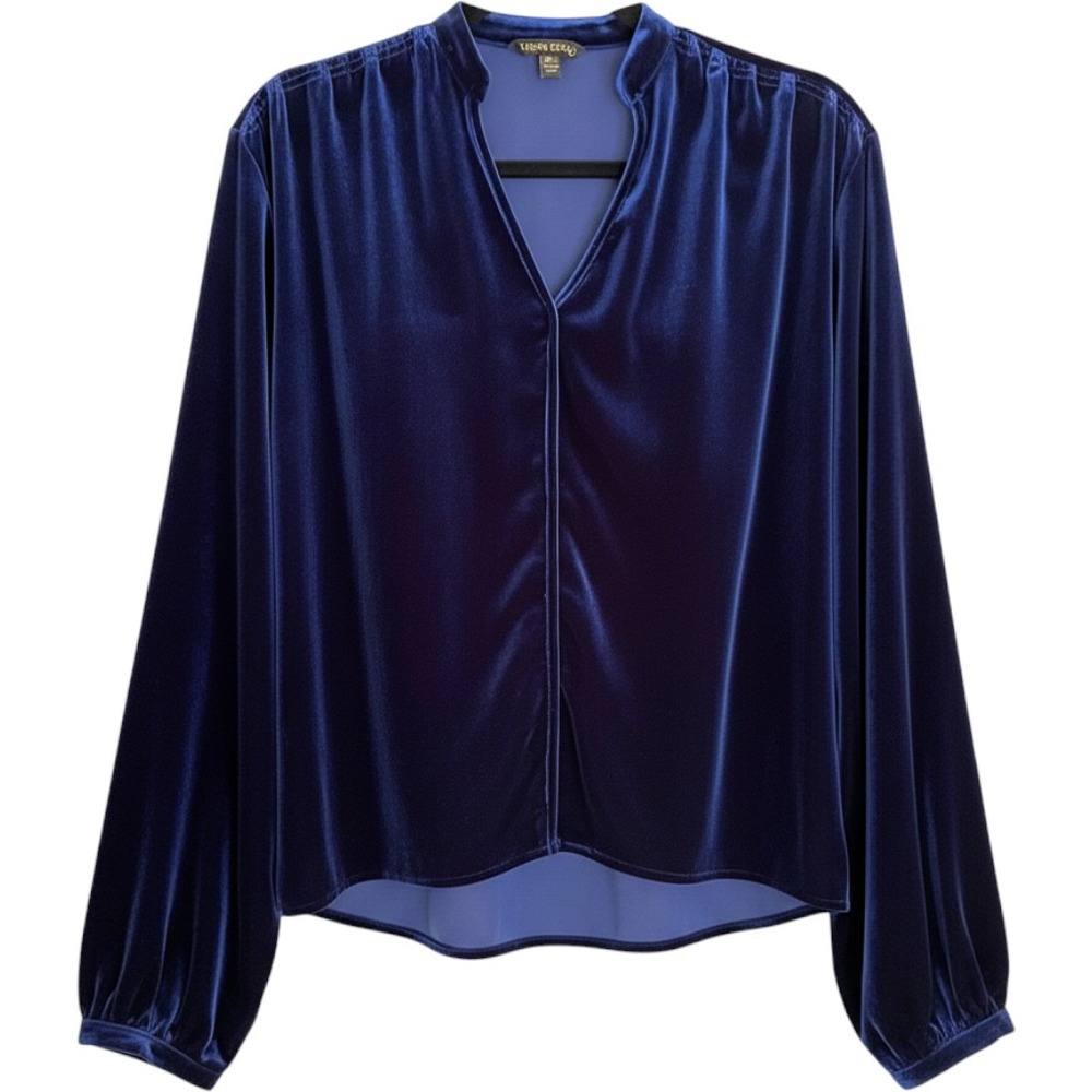 Urban Revivo Navy Blue Velvet V-Neck Balloon‎ Sleeve Blouse Top Size Small